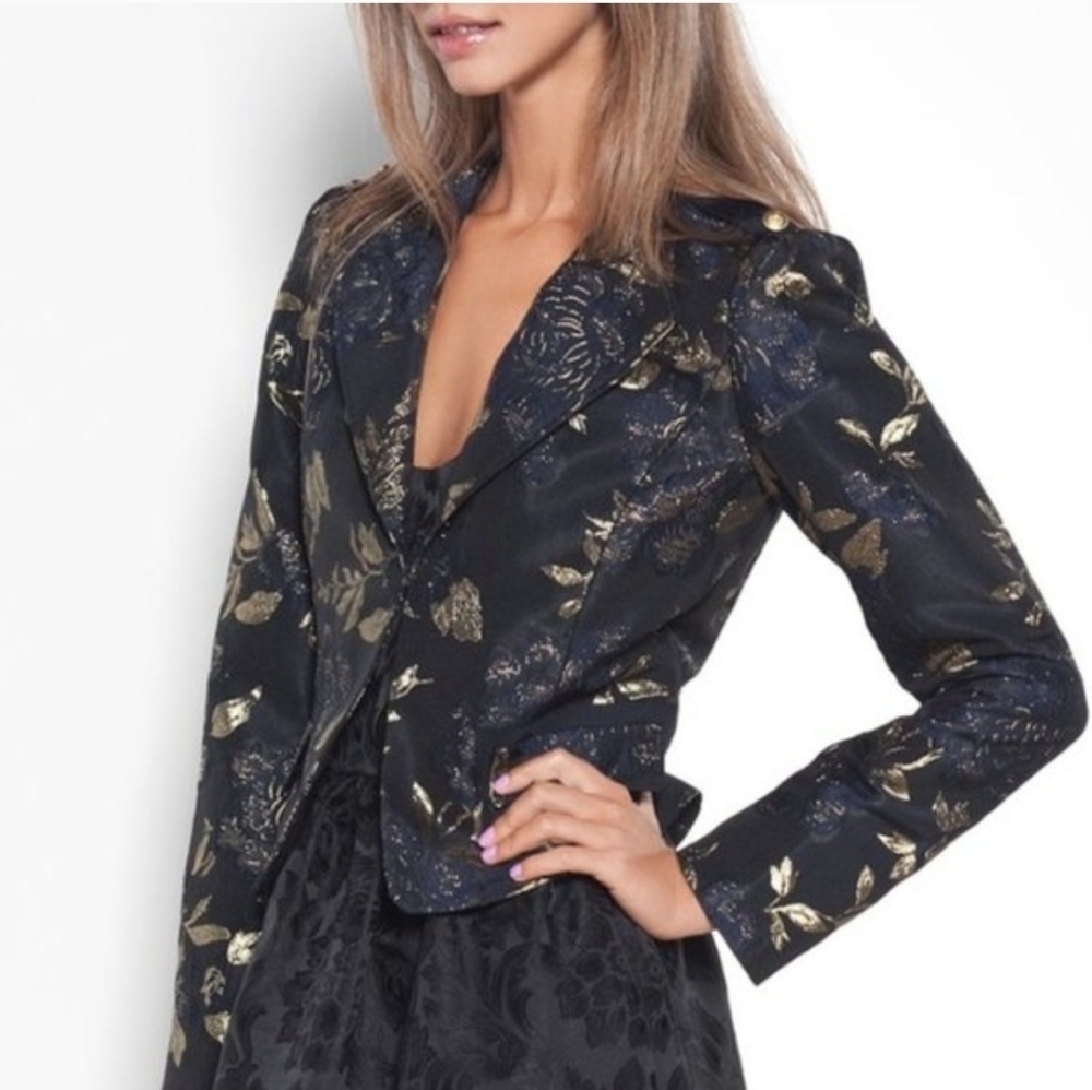 Elie Tahari Navy & Gold Metallic Floral Jacquard Blazer